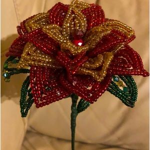 French beaded flowers, unique handmade, red and gold rose made with glass beads